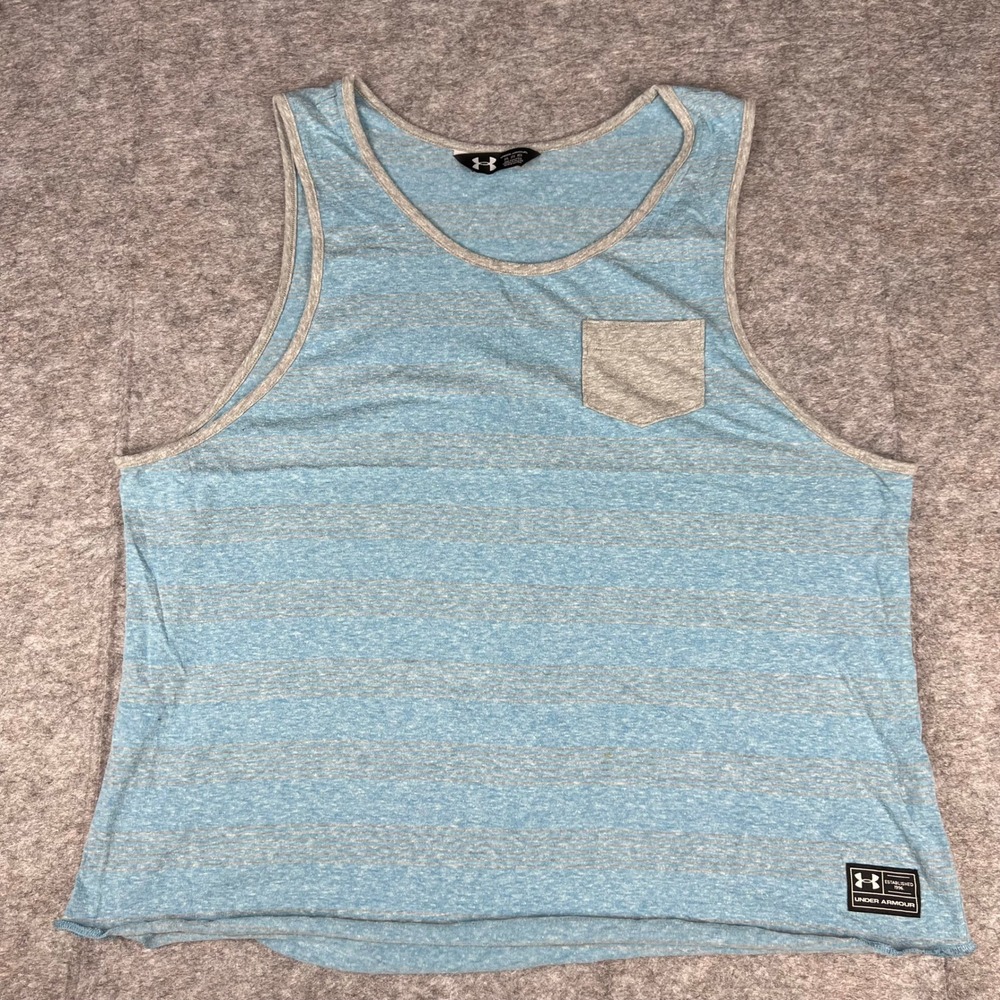 Under Armour Womens 2XLTank Top Blue Grey Striped Pocket Sleeveless Cropped Shrt